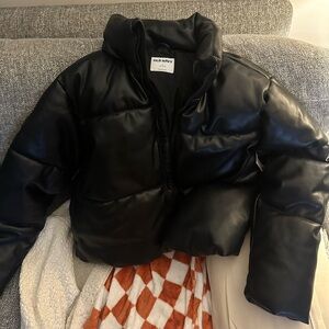 Mock-Neck Faux-Leather Puffer Jacket